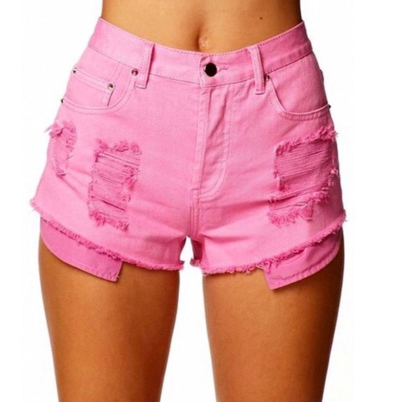 F2 Distressed Neon Denim Shorts 